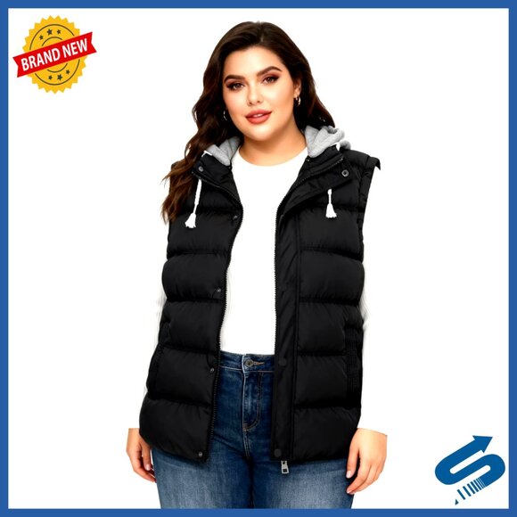 Jackets & Blazers - Plus Size Puffer Vest with Removable Hood, Quilted Winter Vest, Sleeveless